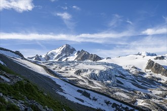 High alpine mountain landscape, summit of the Aiguille de Chardonnet and Glacier du Tour, glaciers