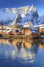 Wooden houses on a fjord in front of snow-covered mountains, morning light, reflection, winter,