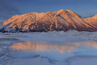 Morning light, clouds, mountains, snowy, winter, ice, Kluane Lake, Kluane Mountains, Yukon, Canada,