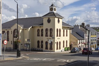 Clock tower at a busy crossroads in a small town, Letterkenny