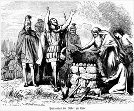 Pausanias in prayer to the goddess Hera, warrior, armed army, sheep as animal sacrifice, bleeding