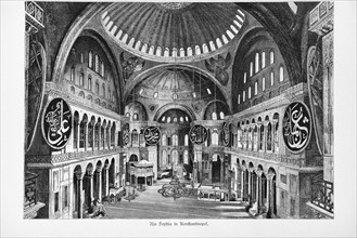 Interior of the Hagia Sophia Mosque, Constantinople, Istanbul, dome, characters, columns, Turkey,