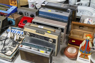 Display of vintage transistors radios on sale at auction, UK