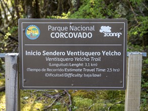 Signpost at the trailhead to ventisquero Yelcho, Ventisquero Yelcho Trail, Chile, South America