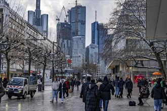 Zeil shopping street, pedestrian zone, winter weather, city centre skyline, banking district,