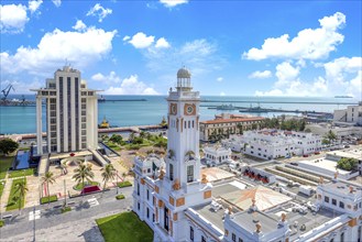 Mexico, Panoramic view of Veracruz city port with container ships, tankers and car carriers,