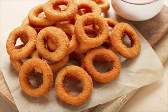 Fried onion rings, deep-fried, snack, no people, selective focus