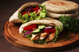 Shawarma in pita bread, chicken, with vegetables, homemade, no people