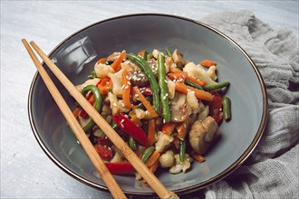 Wok, Asian-style vegetables, street food, mixed vegetables, no people, top view