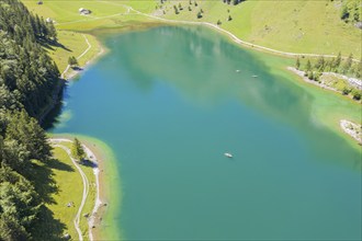 Drone shot, Lake Seealpsee, Alpstein mountain range near Wasserauen, Appenzell, Switzerland, Europe