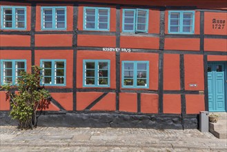 Old town of Nyborg, restored half-timbered house, front, dormer house, year 1727, 18th century,