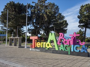 Sign of park Terra Magica, Chile Chico, Patagonia, Chile, South America