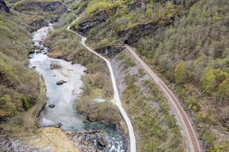 Aerial view of road and railway track in the Flam valley, railway Flam to Myrdal, Norway, Europe