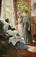 Visit to an old lady, three woman, black clothes, hat, bonnet, living room, comfortable armchair,