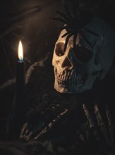 Creepy skull with a spider on its head, illuminated by a candle