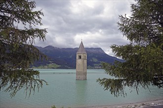 Lake Reschen, municipality of Graun, Vinschgau Valley, South Tyrol, Italy, Europe