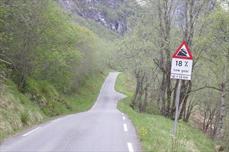 A winding mountain road through a dense forest with a sign indicating an 18 per cent gradient,