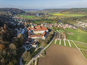 Aerial view of Plankstetten with Benedictine Abbey, Plankstetten, Berching, Bavaria, Germany,