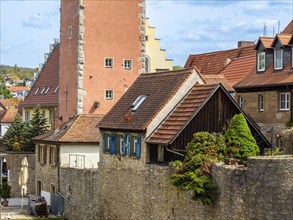 Historical houses in downtown Ochsenfurt at river Main, Bavaria, Germany, Europe