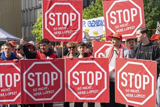 Demonstration by many thousands of steelworkers in front of the ThyssenKrupp headquarters in Essen