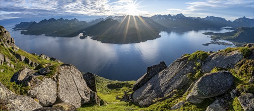 Panorama, view of Fjord Raftsund and mountains in the evening light, sun star, view from the summit