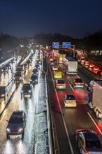 Evening traffic jam on the A40 motorway, Essen-Huttrop junction, traffic jam in both directions,