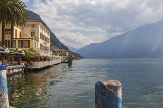 Restaurants on the shores of Lake Garda, Limone sul Garda, Lombardy, Italy, Europe