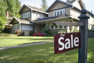 Home for sale real estate sign in front of house. generative AI, AI generated