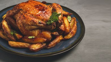 Fried whole chicken, with potatoes, on a gray background, no people