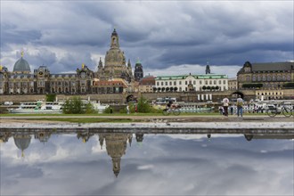 The Dresden silhouette with dark clouds behind the Church of Our Lady is reflected in a puddle on