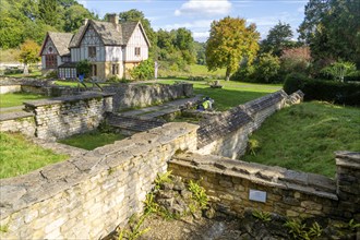 Overview of excavated walls and museum building, Chedworth Roman Villa, Chedworth, Cotswolds,