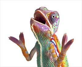 Beautiful expressive chameleon singing of talking isolated on a white background, AI generated