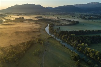 Aerial view of a moor landscape with river in front of mountains, morning light, view of Zwiesel