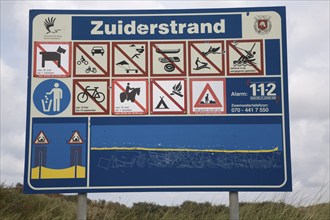 Sign with beach rules Zuiderstrand near Scheveningen Holland