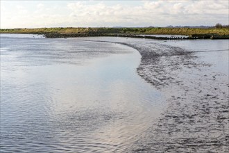 Tidal muddy shoreline low tide, River Ore, Orford, Suffolk, England, UK