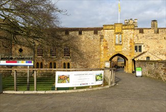 Entrance gateway to museum in historic walls of Taunton castle, Taunton, Somerset, England, UK,