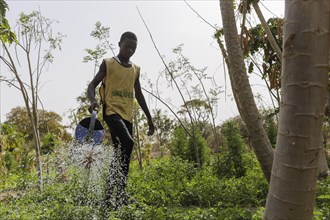 Watering of fields by farmers during organic farming at the agroecological training centre Centre