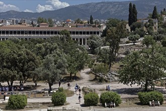 Agora, view of excavation site and Stoa of Attalos, reconstruction, Athens, Greece, Europe