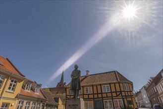 Old town of Rudkøbing, monument to Hans Christian Ørstedt (1777-1851), natural scientist, born in