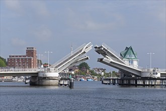 Half-open bascule bridge, Kappeln, Schlei, Schleswig-Holstein, Germany, Europe