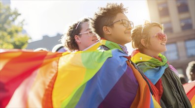 LGBTQ parade and LGBTQ2S diverse young gay people fighting for equality wrapped in rainbow flags,