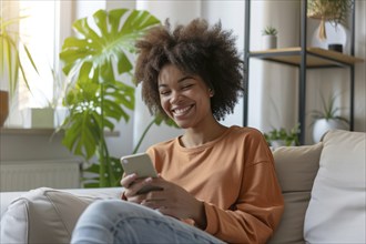 Younge black happy girl playing on smartphone apps, betting money online and shopping online, AI