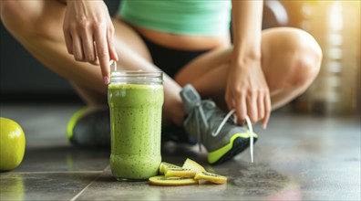 Female athlete drinking healthy organic detox kale and avocado smoothie after exercise, AI