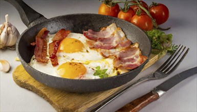 A plate of bacon, eggs, and tomatoes is on a wooden table, AI generated