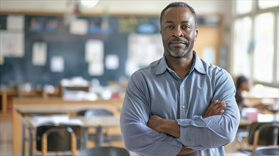 Proud african american male teacher standing in his classroom. generative AI, AI generated