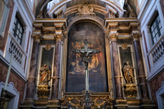 Interior view, Jesus on the cross, choir area, altar, church Igreja Paroquial do Castelo de São