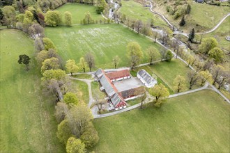 Aerial view of Rosendal Avlsgård og Fruehuset, guesthouse at baroniet Rosendal, old large farm