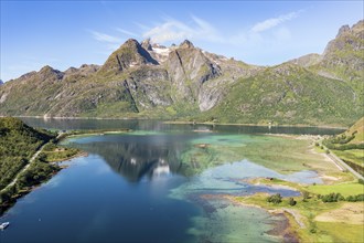 Aerial view of the bay at Raften at the Raftsund, the waterway between Lofoten and Vesteralen,