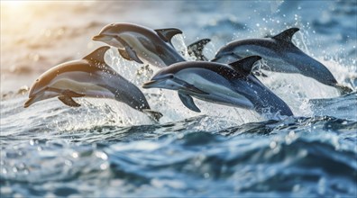 Playful dolphins are leaping and jumping out of the water in a blue ocean, AI generated