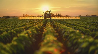 A red tractor is spraying a field of green plants, AI generated